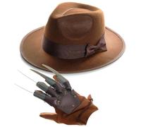 Juego de accesorios de Halloween Dream Killer para adultos, sombrero Fedora marrón y guante de garra, juego de accesorios de disfraz de Halloween para hombre y mujer