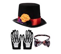 Juego de accesorios de Halloween para hombre, paquete de 3 piezas, disfraz de rosa, gorra de 30 x 25 x 12 cm + par de guantes de esqueleto, tejido de tela de poliéster no tejida, para y temas
