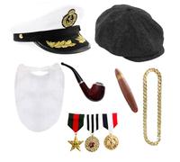 Juego de accesorios de lujo para disfraz de comedia británica, gorra plana, sombrero de capitán, barba, pipa, cigarro, cadena dorada y medallas, kit clásico inspirado en la televisión