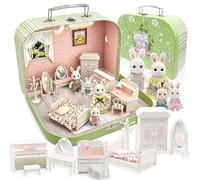 Juego de accesorios de muebles de dormitorio para casa de muñecas, juego de maleta para niños, armario de cama en miniatura, espejo de tocador, mesa de silla de piano y 4 muñecas flexibles, juguete de