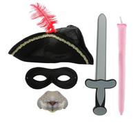 Juego de accesorios de ratas de carretera para niños, sombrero de tricornio negro con pluma roja, máscara de ojos, nariz de ratón, espada de juguete y cola rosa, disfraz de personaje de bandido de