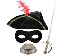 Juego de accesorios de roedor Highwayman para adultos, sombrero de tricornio negro con plumas rojas, nariz de rata, espada de aluminio, máscara de ojos negra, accesorios de disfraz de Halloween para
