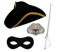Juego de accesorios de roedor Highwayman para adultos, sombrero de tricornio negro con ribete dorado, nariz de rata, espada de aluminio, máscara de ojos negra, accesorios de disfraz para Halloween y