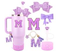 Juego de accesorios de taza morada para vaso Stanley de 887 ml y 1,134.0 g con asa, dijes de letras, cubiertas de pajilla de lazo y diamante, funda de silicona con purpurina, calcomanía personalizada
