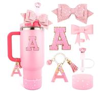 Juego de accesorios de taza rosa para vaso Stanley de 30 onzas y 40 onzas con asa, dijes de letras, cubiertas de popote de lazo y diamante, funda de silicona con purpurina, calcomanía personalizada