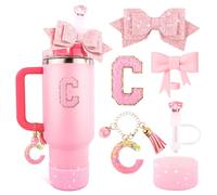 Juego de accesorios de taza rosa para vaso Stanley de 30 onzas y 40 onzas con asa, dijes de letras, cubiertas de popote de lazo y diamante, funda de silicona con purpurina, calcomanía personalizada