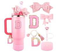 Juego de accesorios de taza rosa para vaso Stanley de 30 onzas y 40 onzas con asa, dijes de letras, cubiertas de popote de lazo y diamante, funda de silicona con purpurina, calcomanía personalizada