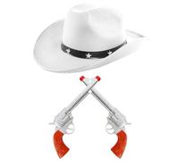 Juego de accesorios de vaquero para adultos, paquete de 1 unidad, sombrero de vaquero con tachuelas de estrella blanca y accesorios de pistola falsas, juego de accesorios de disfraz de bandido del