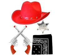 Juego de accesorios de vaquero para adultos, sombrero de vaquero con tachuelas de estrella roja, accesorios de pistola falsos, bandana de cachemira negra e insignia de sheriff plateada, juego de