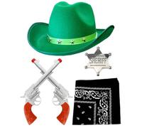 Juego de accesorios de vaquero para adultos, sombrero de vaquero con tachuelas de estrella verde, accesorios de pistola falsos, bandana de cachemira negra e insignia de sheriff plateada, juego de