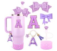 Juego de accesorios morados para vaso Stanley de 30 onzas y 40 onzas con asa, dijes de letras, cubiertas de popote de lazo y diamante, funda de silicona con purpurina, calcomanía personalizada para