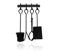 Juego de Accesorios para Chimenea Relaxdays, 5 Piezas, atizador, Pala, Escoba, tenazas, Soporte de Pared, Negro