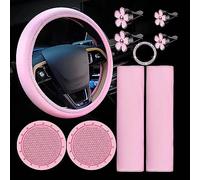 Juego de accesorios para coche de 10 piezas, color rosa, 1 funda de volante para accesorios de coche de 37 a 38 cm, 2 almohadillas para el cinturón de seguridad, 2 posavasos, 1 pegatina para botón de