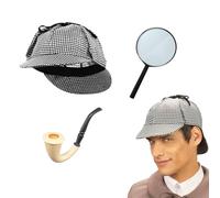 Juego de accesorios para disfraz de detective victoriano Sherlock Holmes para adultos, sombrero de acechador + lupa + kit de detective de pipa de aspecto victoriano, gris, Talla única