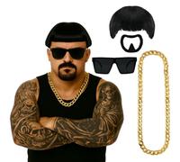 Juego de accesorios para disfraz de jefe final de Ibiza para adultos, peluca con corte de cuenco, barba de cabra, cadena dorada con gafas negras de gran tamaño, divertido kit de disfraz para