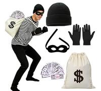 Juego de accesorios para disfraz de ladrones, 5 unidades, para adultos, disfraz de ladrón, disfraz de cosplay, accesorios con gorro de punto, máscara para ojos, bolsa de dinero, billetes, guantes