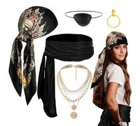 Juego de accesorios para disfraz de pirata, bufanda de cabeza de pirata, collar, cinturón, kit de disfraz de 5 piezas, 35.4 x 35.43 pulgadas, ideal para sesiones de fotos, eventos, escenario de teatro