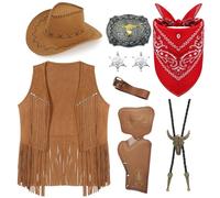 Juego de accesorios para disfraz de vaquero occidental, juego de ropa para cowboy occidental, kit de ropa con sombrero, chaleco de borlas, bandana, cinturón, hebilla de bolo, corbata, collar, insignia