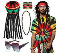 Juego de accesorios para disfraz rasta, gorro de peluca teñido batik T-Shirt, gafas de sol, collar trenzado y pulsera