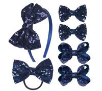 Juego de accesorios para el cabello con lentejuelas de grogrén - 6 lazos brillantes para el cabello, clips, diadema y corbata para el pelo para niñas pequeñas y niños pequeños (azul marino)