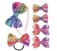 Juego de accesorios para el cabello con lentejuelas de grogrén - 6 lazos brillantes para el pelo, clips, diadema y corbata para el pelo para niñas pequeñas y niños pequeños (arcoíris)