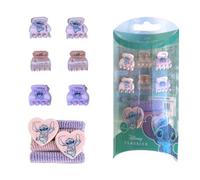 Juego de accesorios para el pelo Stitch Disney niña 10 piezas con pinzas y gomas con colgante corazón kit peinados Kawaii rosa lila violeta en funda PVC transparente Idea regalo 15 x 8 x 4 cm