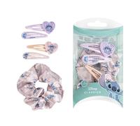 Juego de accesorios para el pelo Stitch y Angel Disney niña 5 piezas con Scrunchie Rosa Clips Clic Clac y Clips con Charm Corazón Kit Peinados Kawaii en Funda PVC Transparente Idea Regalo 15 x 8 x 4