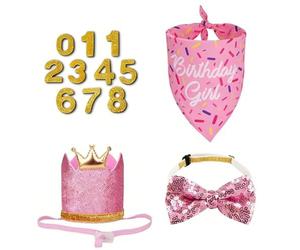 Juego de accesorios para fotos de cumpleaños para perros, sombrero de corona portátil, bandana, corbata para el cuello y detalles de números para días de celebración, celebración de mascotas