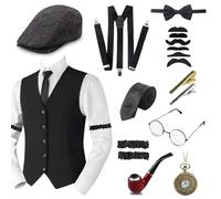 Juego de accesorios para hombre de los años 20, disfraz de carnaval de Mafia, sombrero Panamá, tirantes ajustables, corbata, gafas, disfraz de Gatsby