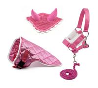 Juego de accesorios rosa para Hobby Horse y Caballo de palo: cabestro de moscas con cordón + manta + gorro antimoscas
