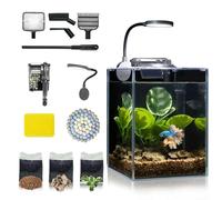 Juego de acuario pequeño de vidrio de escritorio de 1.25 galones, sistema de filtro de autolimpieza, luz LED brillante, herramienta de limpieza de plantas de grava, kit de espacio pequeño Betta, fácil