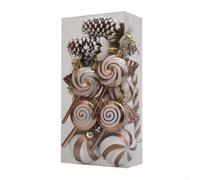 Juego de adornos de Navidad, 15 piezas, adornos de dulces de menta, con plan de piruletas con purpurina, bolas de Navidad de plástico dorado y plateado carmesí para decoraciones de árbol de vacaciones