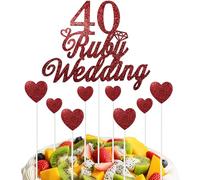 Juego de adornos para tartas de 40 aniversario, decoración de pastel de corazón de rubí rojo con purpurina para decoración de fiesta de celebración de boda 40