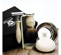 Juego de afeitado clásico de seguridad tradicional de color marfil, soporte para afeitar, bandeja de acero inoxidable y jabón Haryali London Soap