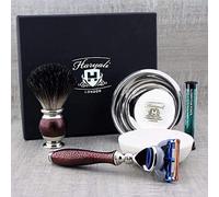Juego de afeitado de inspiración vintage de 4 piezas, brocha de afeitar de pelo de tejón, cuchilla de 5 bordes, bandeja de acero inoxidable y jabón prémium Haryali London