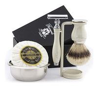 Juego de afeitado para hombres con cepillo de tejón de punta plateada y maquinilla de afeitar de doble borde, soporte de afeitado, bandeja de acero inoxidable y jabón Haryali London Premium