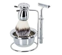 Juego de afeitadora para hombre con carcasa estable, pincel suave y maquinilla de afeitar en húmedo en cromo.