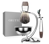 Juego de afeitar GRUTTI, soporte de afeitado de cromo de lujo con tazón de jabón y brocha de afeitar y rasuradora de afeitar Badger Hair Compatible con Mach 3