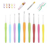 Juego de Agujas de Ganchillo, Kit de Agujas de Tejer de Aluminio de 9 Piezas, Mango ergonómico de Agarre Suave para Manos artríticas con Cinta métrica, Marcadores de Puntos y Agujas de Coser