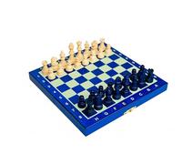 Juego de ajedrez de madera mini, tablero azul, ajedrez escolar plegable, diseño compacto con espacio de almacenamiento