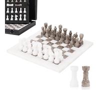 Juego de ajedrez de mármol para adultos, 10 pulgadas, hecho a mano, blanco y oceánico, juego de mesa con 32 piezas de ajedrez, 2 reinas adicionales y caja de almacenamiento, juego de viaje de lujo