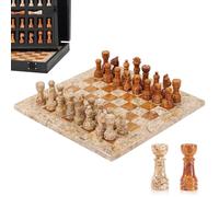Juego de ajedrez de mármol para adultos, 25,4 cm, hecho a mano, coral y marrón oscuro, con 32 piezas de ajedrez, 2 reinas extra y caja de almacenamiento, juego de viaje de lujo, regalo elegante para