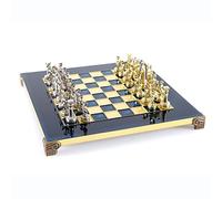 Juego de ajedrez del ejército griego romano - latón y níquel - tablero de ajedrez azul