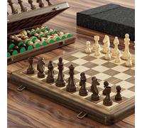 Juego de ajedrez magnético de 15 pulgadas - Tablero de ajedrez plegable de madera de caucho con inserciones de almacenamiento de doble cara marrón café, 2 piezas de repuesto para mujer y bolsa