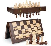 Juego de ajedrez magnético plegable de madera de 15 pulgadas con rey de 3 pulgadas y 2 reinas extra, tablero de ajedrez de viaje portátil con almacenamiento, juego de estrategia clásico para adultos