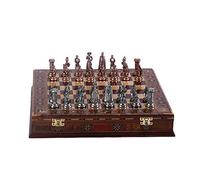 Juego de ajedrez medieval de metal de cobre antiguo del ejército británico para adultos, piezas hechas a mano y tablero de ajedrez de madera maciza natural con diseño de perlas alrededor de la tabla y