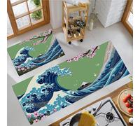 Juego de Alfombra de Cocina de 2 Piezas Antideslizante Lavable, Alfombras de Piso Olas Gigantes Al Estilo Japonés Tapetes de Cocina Anti-Fatiga Océano Japonés para Pasillo, Comedor y Entrada, Azul