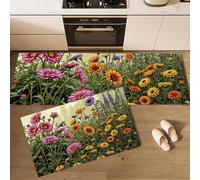 Juego de Alfombra de Cocina de 2 Piezas Antideslizante Lavable, Alfombras de Piso Pradera De Flores Silvestres Tapetes de Cocina Anti-Fatiga Jardín Exuberante para Pasillo, Comedor y Entrada, Verde