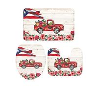 Juego de alfombras de baño de 3 Piezas Alfombrilla de baño A Frog Drive A Red Truck Hibiscus Flowers American Flag on Vintage Woodgrain Alfombra Suave Antideslizante Alfombrilla de Contorno