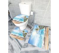 Juego de alfombras de baño de 3 piezas Alfombrilla de baño Beach Seaside Dazzle Sunshine Sparkling Golden Sand Tropical Palm Tree Alfombrilla de contorno ultra suave y cubierta de tapa para bañera,